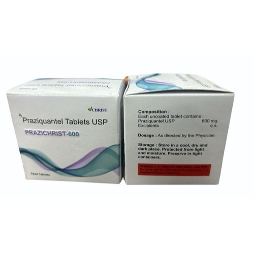 Prazichrist 600 (Praziquantel) 600mg 40 tablets carton boxes with blister strips for online pharmacy antiparasitic treatment