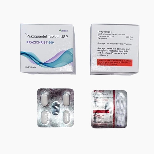 Prazichrist 600 (Praziquantel) 600mg 40 tablets blister pack close-up with branded packaging for schistosomiasis and tapeworm infection therapy online pharmacy