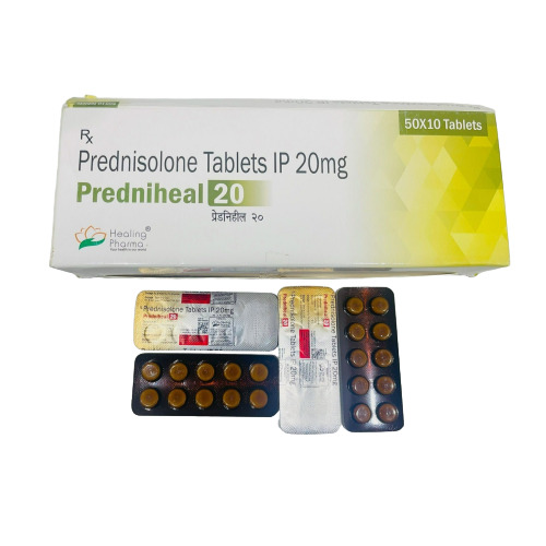 Predniheal 20mg tablets in brown blister strips alongside labeled box packaging