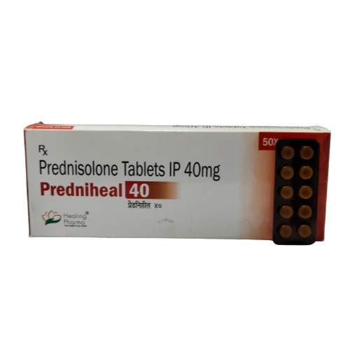 Predniheal 40mg tablets in dark brown blister strips with branded box labeling