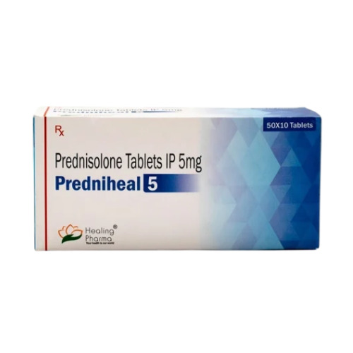 Predniheal 5 tablets 5mg blister strip close-up with printed foil and brown round tablets