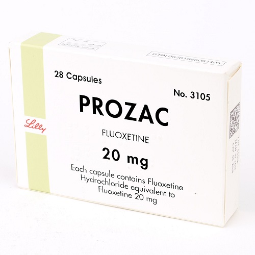 Prozac 20mg (Fluoxetine) box packaging with 28 capsules, white design with green label