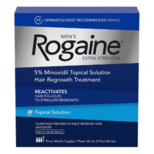 Rogaine 5% Solution 60ml box, front view with product name and usage details visible