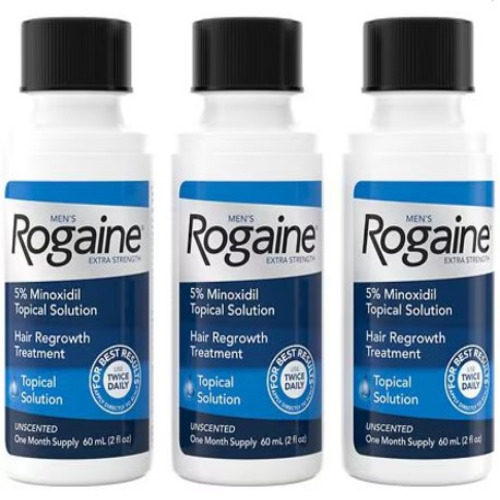 Rogaine 5% Solution 60ml three bottles side-by-side, labels readable