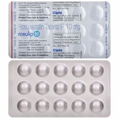 Rosulip 10mg (Rosuvastatin) 150 tablets blister strips silver foil close-up for hyperlipidemia and cardiovascular disease risk reduction treatment online pharmacy