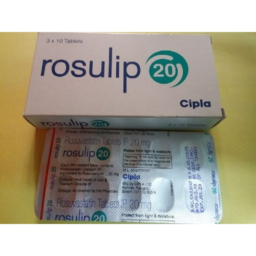 Rosulip 20mg (Rosuvastatin) 30 tablets carton packaging with multiple blister packs for statin therapy in cholesterol management online pharmacy
