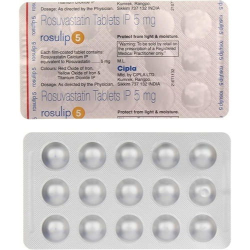 Rosulip 5mg (Rosuvastatin) 150 tablets blister strips foil close-up for hyperlipidemia and cardiovascular disease prevention treatment online pharmacy