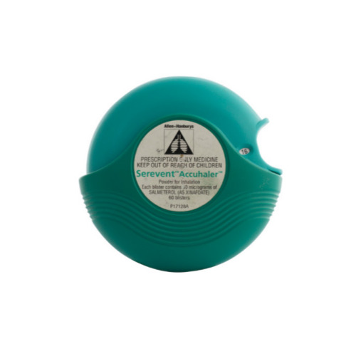 Serevent Accuhaler green round inhaler device with dosage label visible on front