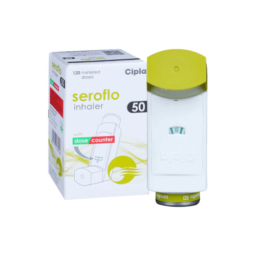 Seroflo 50 Inhaler front box packaging with inhaler device