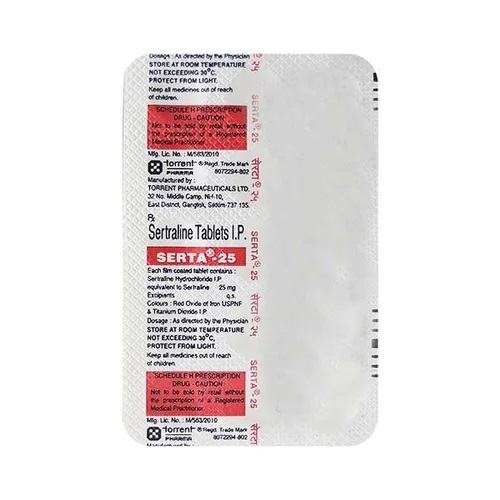 Serta 25 tablets 25mg close-up of silver foil blister with printed text and round peach tablets