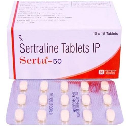 Serta 50mg tablets outer box with blister strips containing yellow film-coated tablets