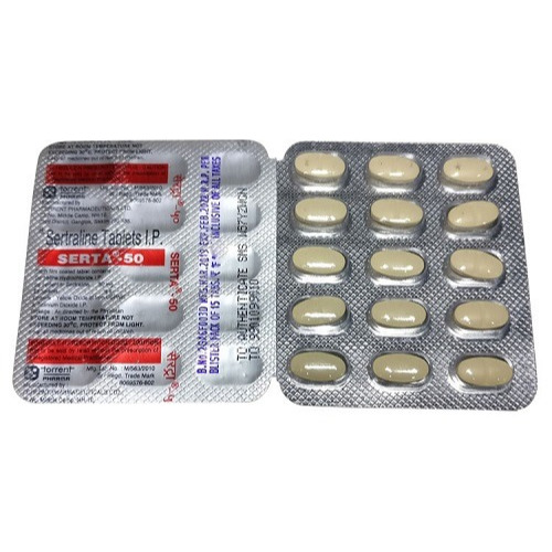 Serta 50mg packaging with multiple blister strips arranged for depression treatment product display