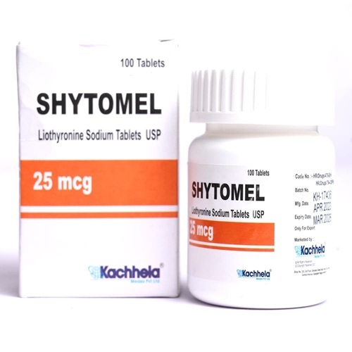 Shytomel 25 box and tablet bottle close-up with label readable