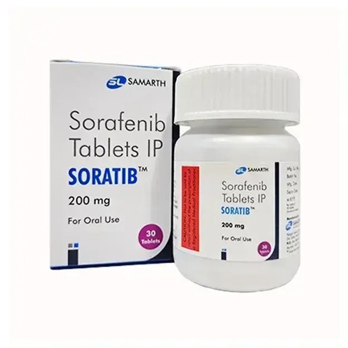 Soratib 200 sorafenib medicine bottle front view with tablets, oral targeted therapy blocking RAF, VEGFR, PDGFR, KIT, and RET pathways, trusted online pharmacy supply