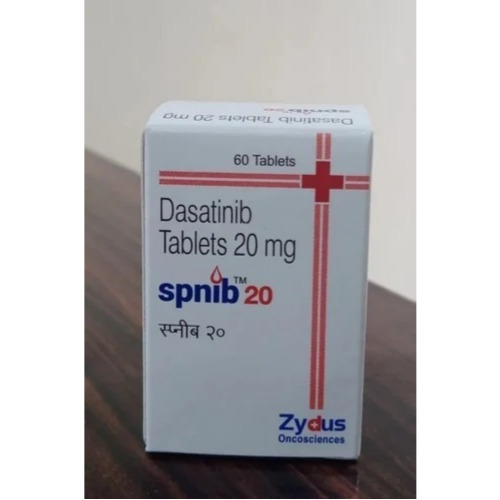 Dasatib 50 (Dasatinib) 50mg 60 tablets carton box and bottle angled display with red side design for oncology treatment online pharmacy