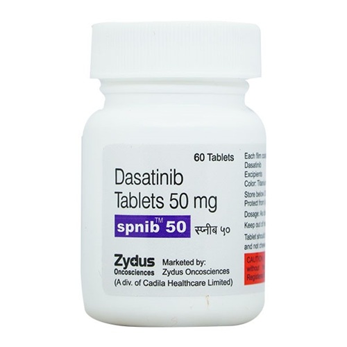 Spnib 50 (Dasatinib) 50mg 60 tablets white plastic pill bottle with printed label for chronic myeloid leukemia medication online pharmacy