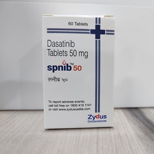 Spnib 50 (Dasatinib) 50mg 60 tablets branded carton box close-up with blue stripe design for oncology treatment online pharmacy
