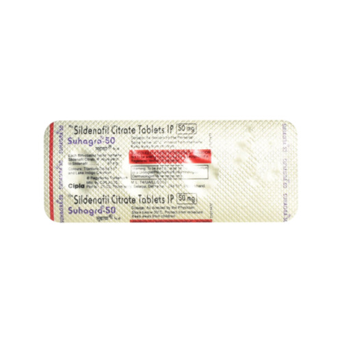 Suhagra 50mg blister strip back side with printed dosage and manufacturer information