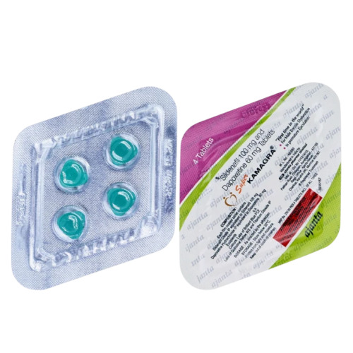 Super Kamagra tablets in transparent blister showing green round pills with printed foil backing