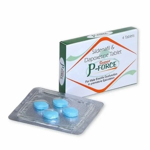 Super P-Force blister pack close-up, blue tablets and printed label details visible