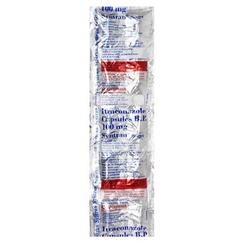 Syntran 100 itraconazole blister strips close-up, oral antifungal capsules for candidiasis, aspergillosis, and cryptococcosis, supplied by trusted online pharmacy