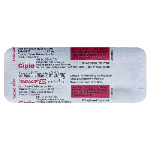 Close-up of Tadacip 20 blister strip showing dosage and branding
