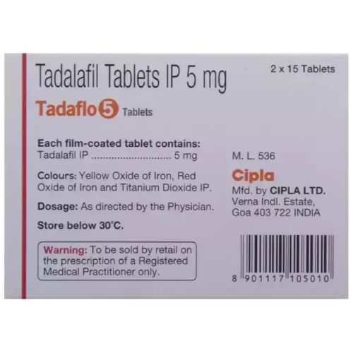 Tadaflo 5mg tadalafil tablets 30 count Cipla back panel showing composition and dosage