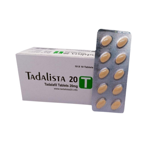 Single Tadalista 20mg box with blister strip standing upright, tablets and printed label visible