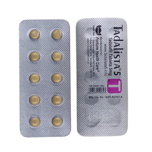 Tadalista 5mg blister strips close-up, yellow tablets and printed label details visible