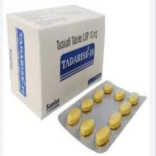 Tadarise 10mg large box with multiple blister strips, yellow tablets visible and label readable