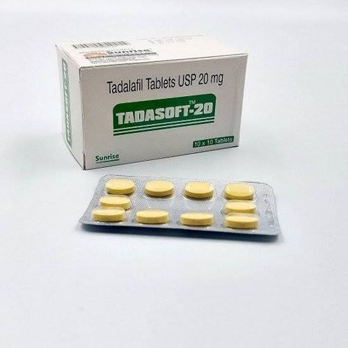 Tadasoft 20mg tadalafil tablets strip placed in front of white box packaging