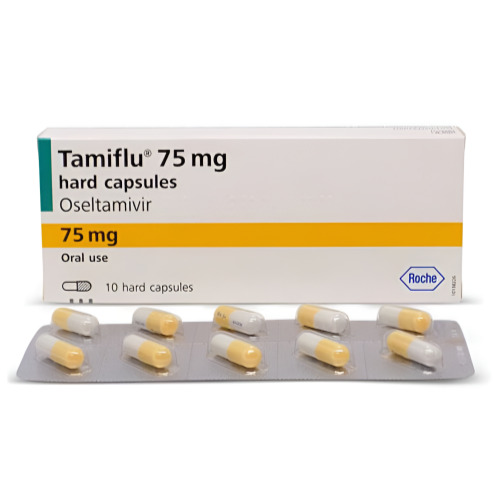 Tamiflu 75 (Oseltamivir 75mg) Roche box packaging with yellow-white capsules in blister strip