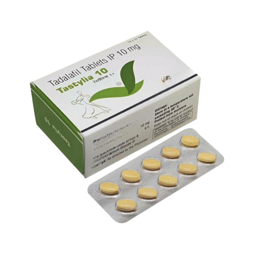 Box of Tastylia 10 with yellow tablets in blister packaging