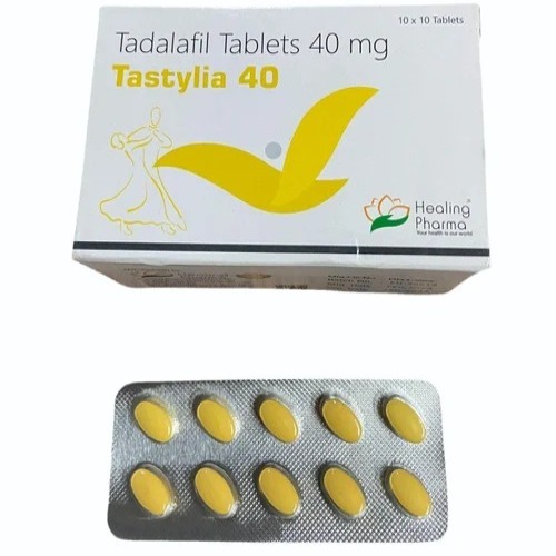 Tastylia 40mg (Tadalafil) branded carton and blister pack with yellow tablets
