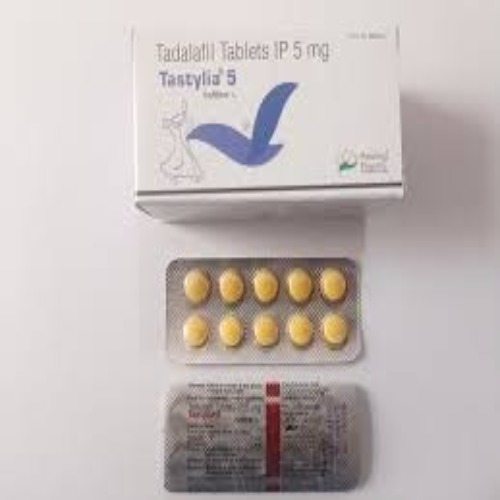 Tastylia 5mg box with two blister strips displayed, yellow tablets and printed label visible
