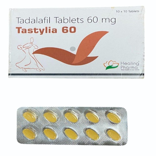 Tastylia 60mg (Tadalafil) branded carton with silver blister strips containing yellow tablets