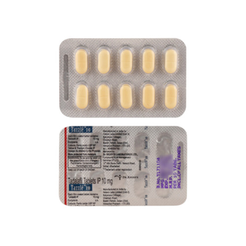 Tazzle 10mg (Tadalafil) close-up of blister strip showing yellow oval tablets and printed foil