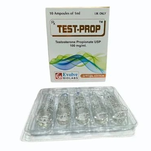 TEST-P 250mg ampoule tray close-up showing 1ml ampoules and packaging details
