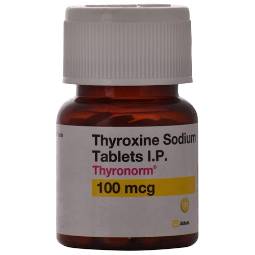 Thyronorm 100mcg tablets in brown pill bottle with white cap, clear product labeling shown