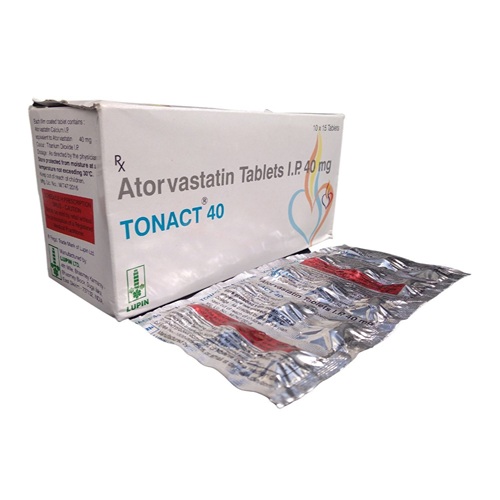 Tonact 40mg silver blister strip with printed dosage label and product branding