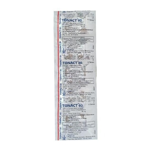 Tonact 80mg silver blister strip with dosage label and product details