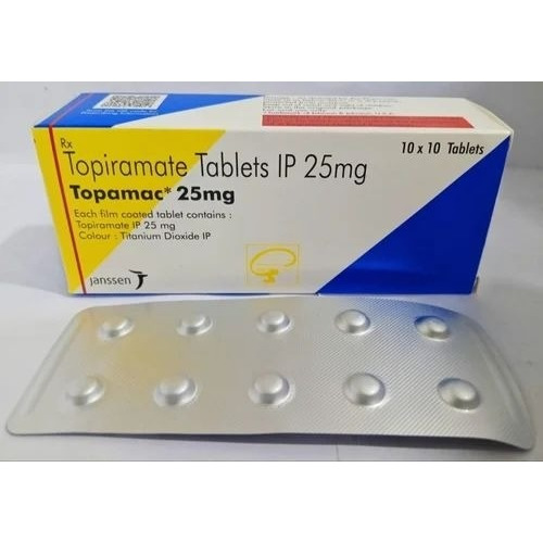 Topamac 25mg tablets yellow-white branded carton box with multiple blister strips