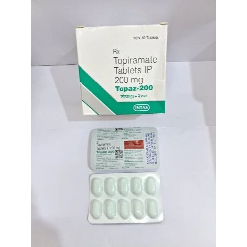 Topaz 200 box and blister arranged flat, packaging and tablet count legible