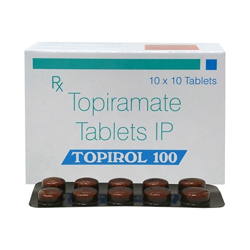 Topirol 100 box and blister pack, front view with label legible and tablets visible