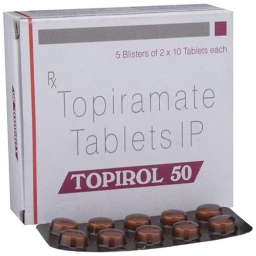 Topirol 50 box and blister arranged flat, angled shot with label and tablet count readable