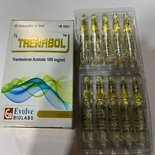 Trenabol 100mg injection ampoules in plastic tray, clear liquid anabolic steroid medication