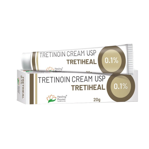 Tretiheal 0.1% Cream (Tretinoin) 20gm tube with outer box packaging in white and gold design