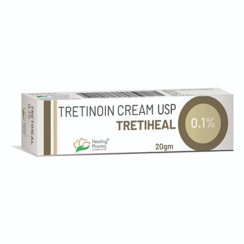 Tretiheal 0.1% Cream (Tretinoin) 20gm tube placed horizontally in front of its box