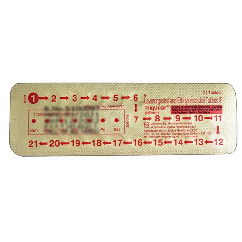 Triquilar birth control pack with dosage cycle indicator and branded packaging