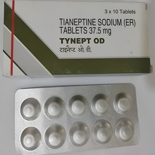 Tynept OD 37.5mg (Tianeptine) 30 tablets branded box with blister strips displayed, online pharmacy antidepressant supplement for emotional balance and daily use